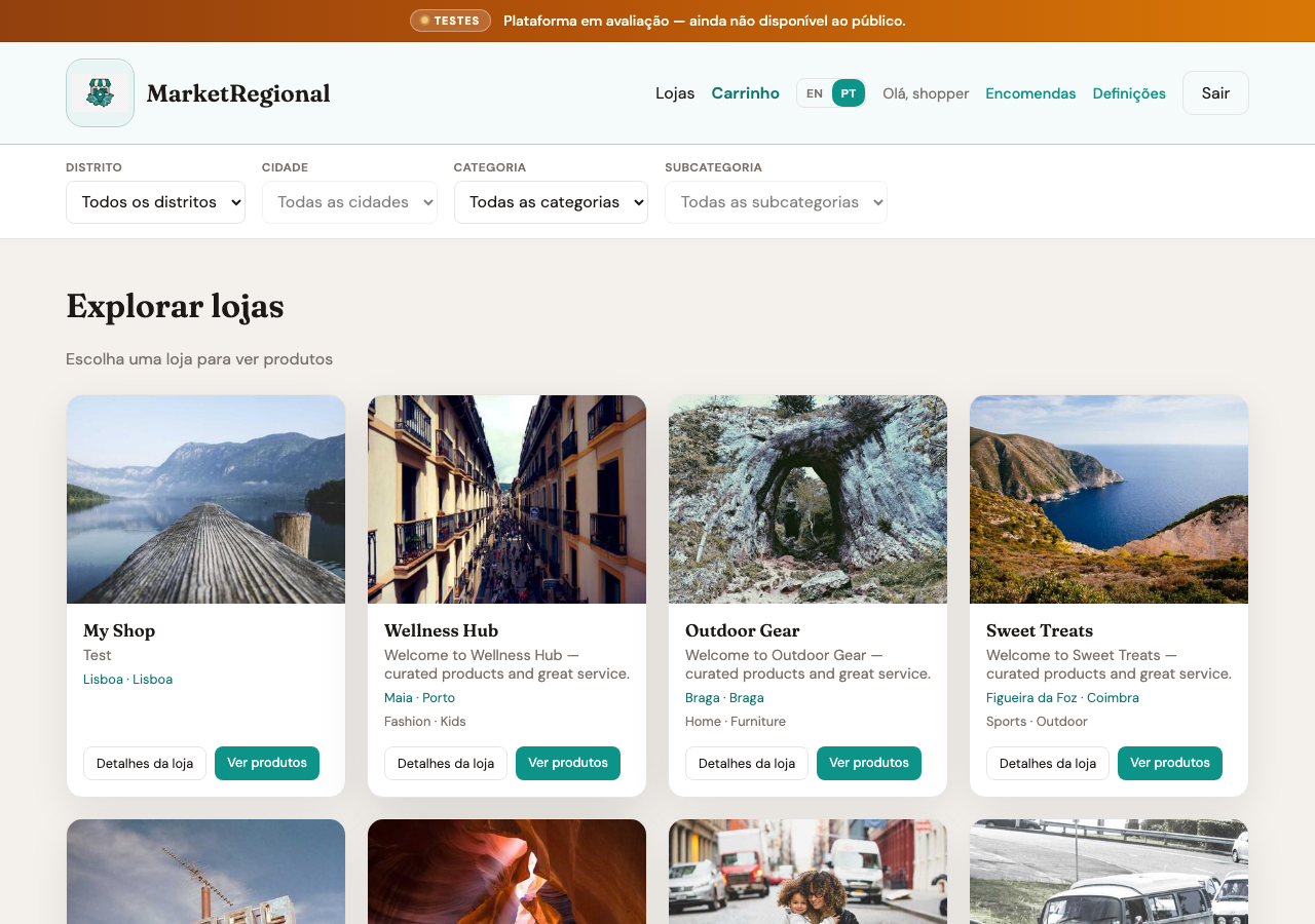Home page with store filters